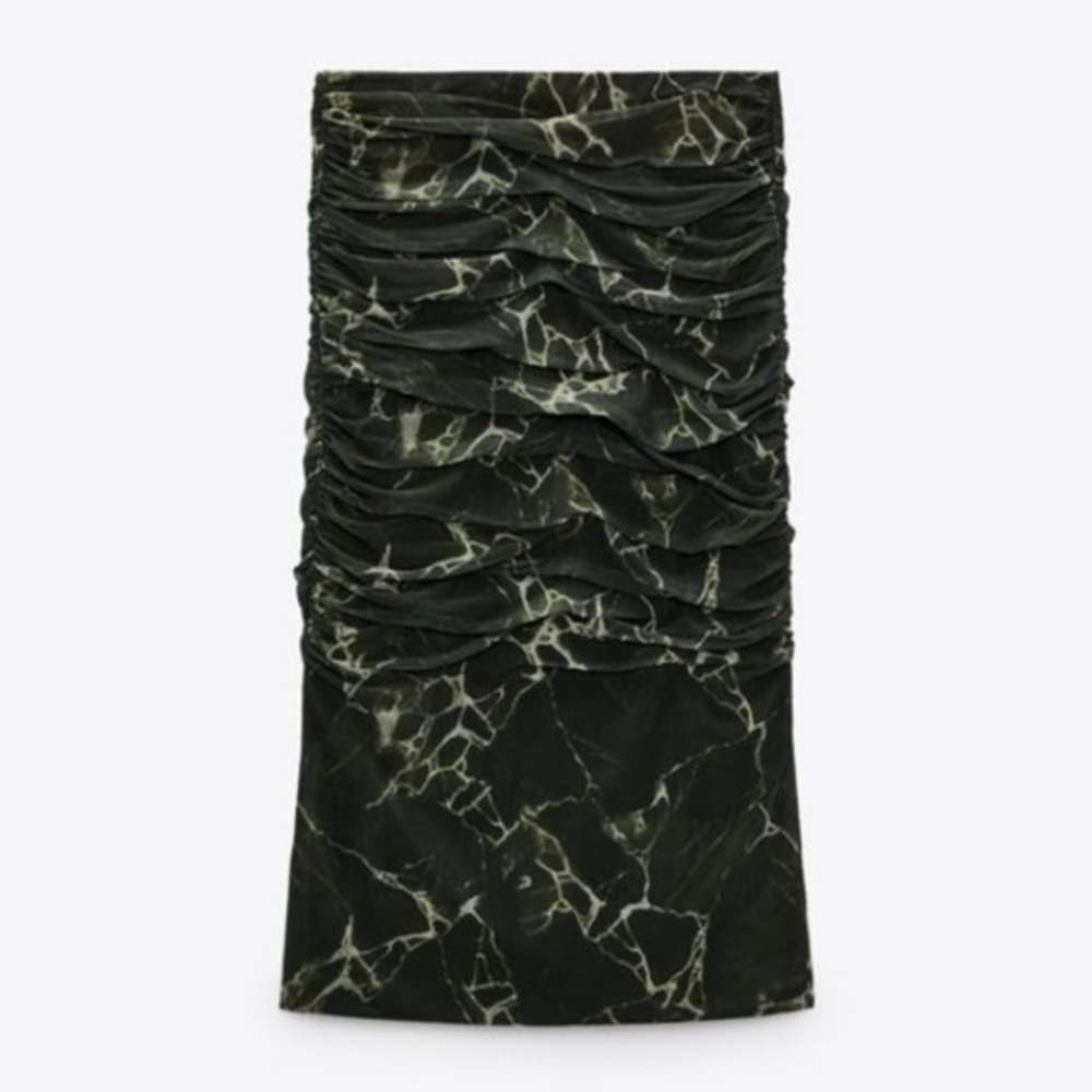 ZARA dark green ruched midi skirt